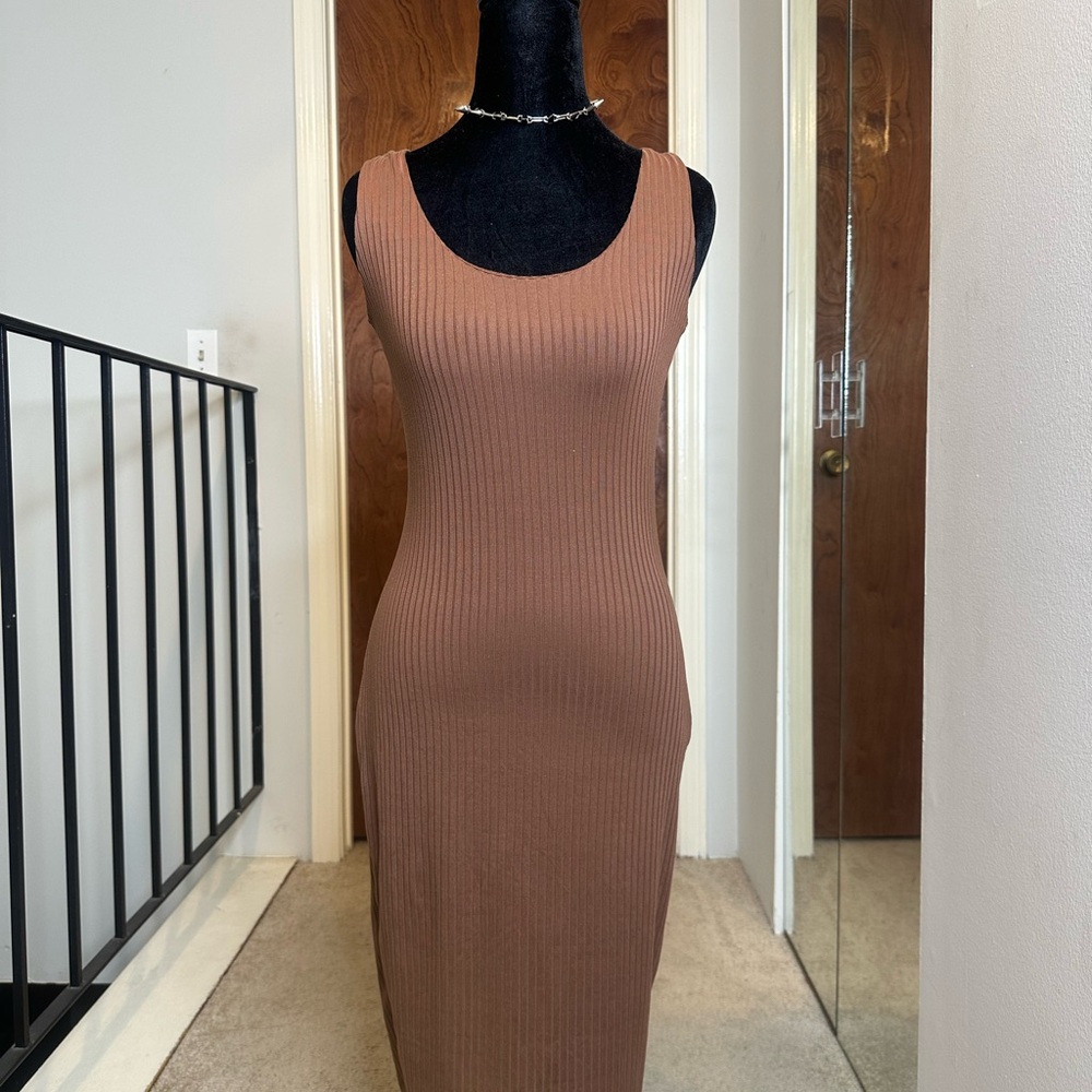 Fashion Nova Ribbed Tan Midi Dress
